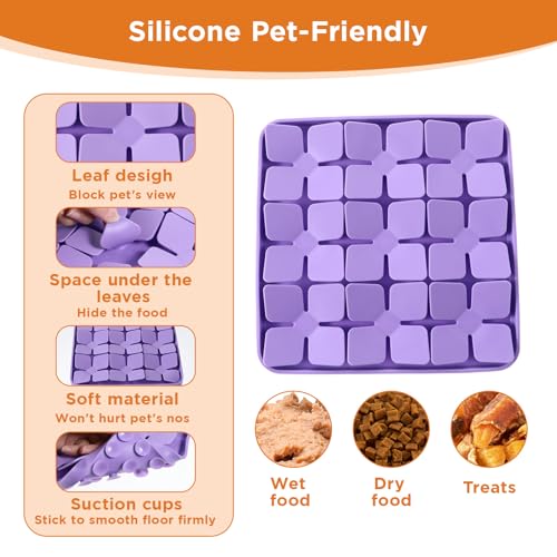 2 Pcs Silicone Snuffle Lick Mat for Dogs, 8 x 8 Inch with Suction Cups, Slow Feeder Puzzle Toy for Mental Stimulation Anxiety Relief, Blue & Purple
