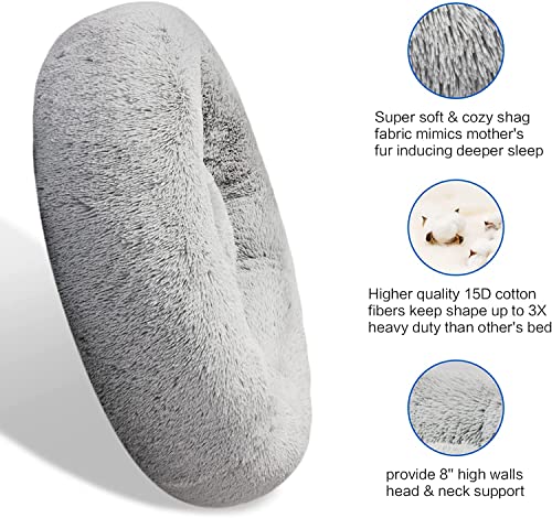 SAVFOX 20 inches Calming Donut Dog Bed - 3X Durable Plush Faux Fur, Machine Washable & Non-Slip, Fits up to 15 lbs, Light Grey - color: Light Grey, size: X-Small | 20"x20"