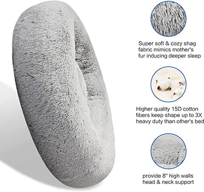 SAVFOX 20 inches Calming Donut Dog Bed - 3X Durable Plush Faux Fur, Machine Washable & Non-Slip, Fits up to 15 lbs, Light Grey - color: Light Grey, size: X-Small | 20"x20"