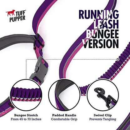 Tuff Pupper Hands Free Bungee Dog Leash | Lightweight for Running Jogging Walking | Adjustable Padded Waist Belt (24-50 inch) | Bungee Stretch 3 to 6 Feet | Strong Ballistic Nylon w/Reflective Strips - color: Punch Purple