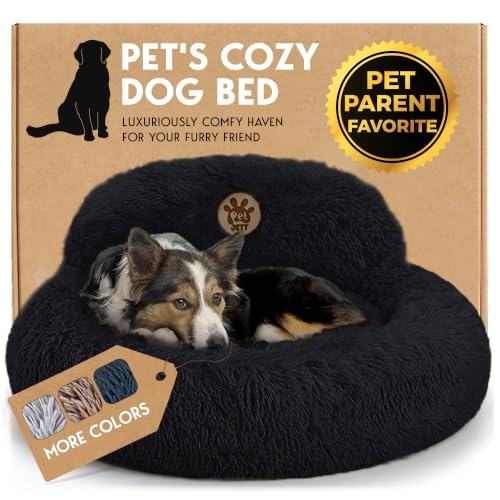 PetJett Calming Dog Bed Medium Size Dog - 30'' Donut Bed, Anti-Slip & Washable Super Soft Fluffy Plush Round Bed, Anti-Anxiety Premium Comfort Pet Bed, Fits Dogs up to 45 lbs - Black - color: Black, size: Medium - 30”L x 30”W x 8”Th