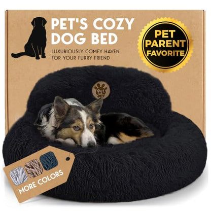 PetJett Calming Dog Bed Medium Size Dog - 30'' Donut Bed, Anti-Slip & Washable Super Soft Fluffy Plush Round Bed, Anti-Anxiety Premium Comfort Pet Bed, Fits Dogs up to 45 lbs - Black - color: Black, size: Medium - 30”L x 30”W x 8”Th