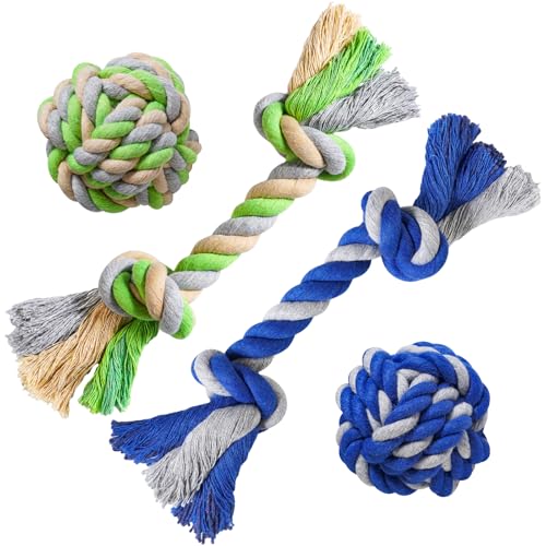 Pet Chew Rope Toy for Teething, Entertainment & Interaction, Knots Weave Cotton Rope, Biting Small Ball Tough Chew Toys for Dogs & Cats, 4 Pack - style: 4 PACK