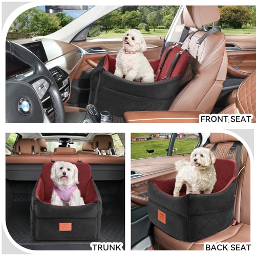 GL GLENSLAVE Dog Car Seat for Small/Medium Dogs, Dog Booster Car Seats with Thick Cushion for Dogs Under 35lbs, Detachable Washable Pet Carseat with Storage Pockets, 2 Safety Belts(Black/Red) - color: Black/Red