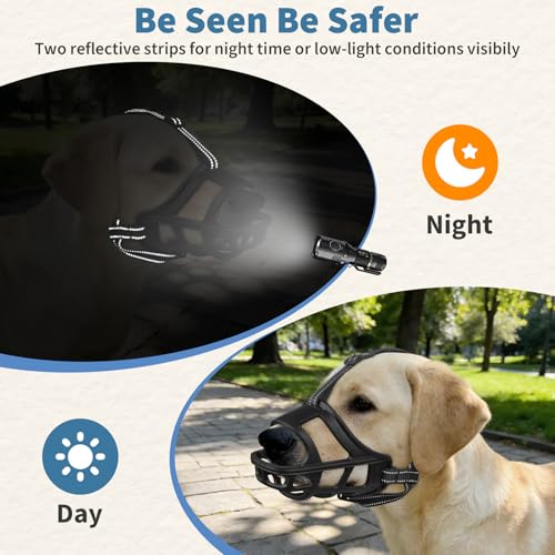 BARKLESS Dog Basket Muzzle for Medium & Large Dogs, Breathable Open Front Mouth Cover with Reflective Strap for Training, Walking Vet Visits, Humane Cage Muzzle Prevent Biting Scavenging (Black, M)