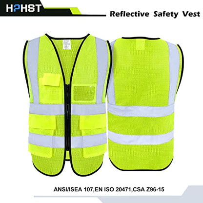 5 Pockets High Visibility Reflective Safety Vest,Zipper Front, Meets ANSI/ISEA Standards - color: Yellow-mesh, size: X-Large