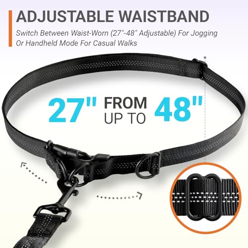 Hands-Free Bungee Dog Leash for Running Walking Small Medium Dogs | 4-6ft length, 28-47in adjustable waist belt, 2 reinforced handles, shock absorbing, reflective anti-pull, black handles - color: Black