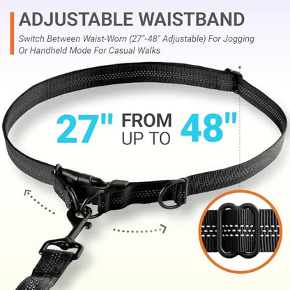 Hands-Free Bungee Dog Leash for Running Walking Small Medium Dogs | 4-6ft length, 28-47in adjustable waist belt, 2 reinforced handles, shock absorbing, reflective anti-pull, black handles - color: Black