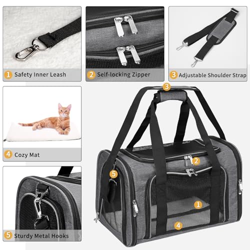 Soft-Sided Cat/Dog/Pet Carrier, Collapsible Pets Travel Carriers for Big Cats/Small Dogs with Shoulder Strap & Removable Mat, Mesh Puppy Carry Bag, Up to 16 Lbs, TSA Airline Approved(Dark Grey) - color: Dark Grey, size: 17"L x 11"W x 11"H
