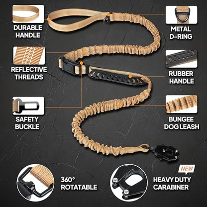 Twoear Heavy Duty Dog Leash for Large Dogs that Pull, 4-7FT Shock Absorbing Bungee Leash with Traffic Handle, Metal Frog Clip, Car Seatbelt, Reflective Tactical Leashes for Medium to Large Breeds