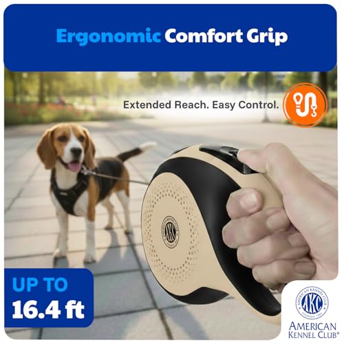 American Kennel Club Heavy Duty Retractable Dog Leash, 16.4ft, Tangle-Free, Ergonomic Grip, One-Hand Brake, for Medium & Large Dogs up to 110 lbs Tan