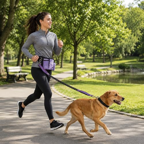 Hands Free Dog Leash, Adjustable Waist Belt, Reflective Stitching Leash with Double Padded Handles for Running, Hiking - color: Purple - 1 leash