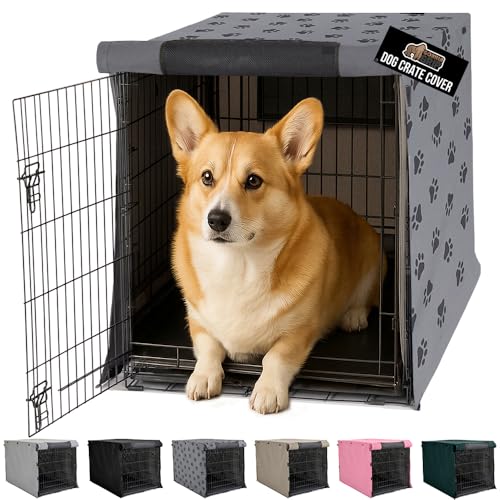 GORILLA GRIP Dog Crate Covers compatible with Amazon Basics Dog Crates, All Sides Open, Privacy Cover Fits 30" Wire Kennel, Breathable Mesh Windows, Light Reducing Puppy Training Cage Topper, Gray Paw - color: Gray Black Paw, size: 30" X 19" X 21"