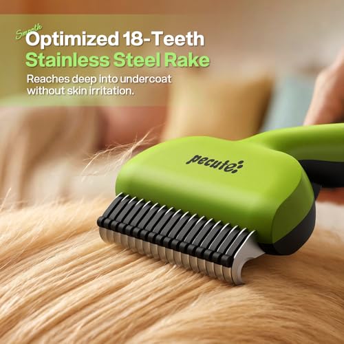 Pecute Self-Cleaning Undercoat Rake for Dogs Cats with Thick Double Coats | 1-click clean, 304SS, 18 rounded teeth, For seasonal heavy shedding & matting, Gentle on pets, Ideal for long/dense coats - color: Green