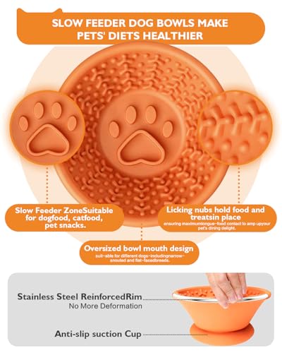 Dog Lick Bowl, Non-Slip Slow Feeder Licking Mat & Treat Dispenser (Wide Bowl Mouth w/Inlaid Stainless Steel Ring) - Interactive Toys, Anxiety Reducer, Freeze Bone for Dogs, BPA Free Silicone - color: orange