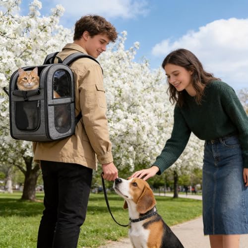 Dog & Cat Carrier Backpack for Large/Small Pets-Ventilated Safe Design with Padded Back Support,Portable and Foldable Pet Carrier Backpacks,Outdoor Travel Breathable Mesh Pet Backpack (Black)