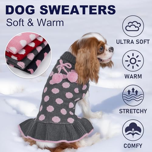 KYEESE Dog Sweater Dress Polka Dot Turtleneck Dogs Sweaters for Girl with Leash Hole Knit Pullover with Pom Pom Ball - color: 02# Polkadot (Grey), size: Large (13-19lbs)