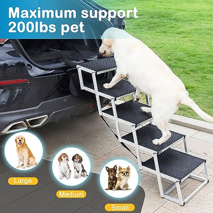 Uross Dog Stairs for Car 5 Steps - Collapsible Dog Steps Ramp for Car and SUV, Aluminum Pet Ramp Stairs for Large Dogs,Telescoping Ladder for Truck, High Bed - size: 5 Steps (Suitable for SUV & Truck)