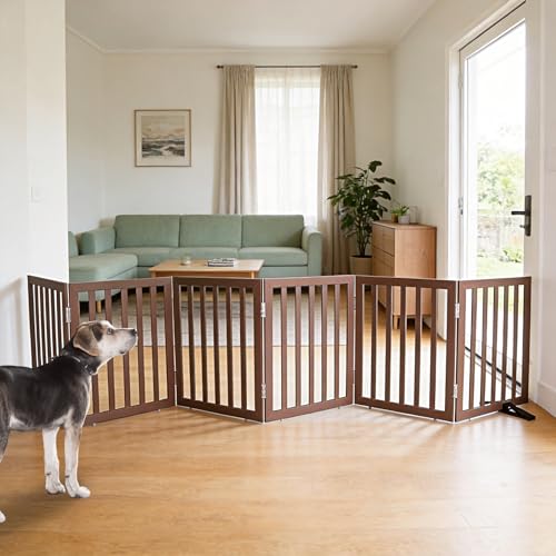 ZJSF Freestanding Indoor Dog Gate for House Foldable Wood Puppy Gate for Doorways Pet Gate for Stairs Extra Wide Pet Fence, Brown, 24" Height 6 Panels - color: Brown, size: 【6 Panels】120''w x 24''h