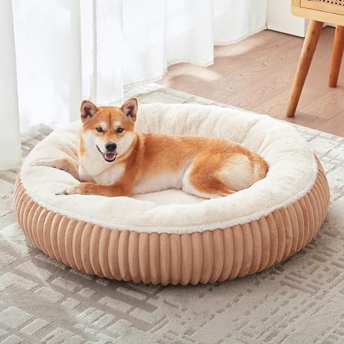 33 inches Donut Dog Bed for Medium Large Dogs,Calming Round Pet Bed with Removable Cover,Washable Milk Plush Faux Fur, Fits up to 50 lbs Pets(Mocha,M Plus) - color: Mocha, size: 33.0"L x 33.0"W x 8.0"Th