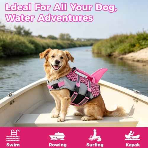 Dog Life Jacket,Shark Pattern High Buoyancy Adjustable Swim Vest with Rescue Handle,D-Ring&Reflective Strips for Boating Swimming Beach (Fish Scales/Rose red, X-Small)