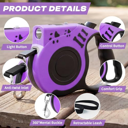 Retractable Dog Leash with USB Rechargeable Flashlight for Night Walks, 16FT Automatic Telescopic Tractor Dog Leash for Small and Medium Dogs, Purple - color: Purple