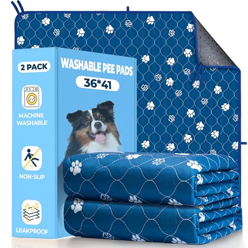 Fostanfly Washable Pee Pads for Dogs, 2 Pack Large 36"x41" Ultra-Absorbent and Leak-Proof Non-Slip Reusable Potty Training Pads for Dogs, Puppy & Cats of Add 8 Lanyards-Blue - color: Blue, size: 36*41 Inch (Pack of 2)