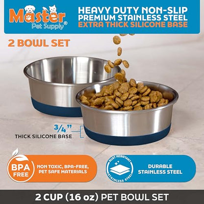Master Pet Supply Stainless Steel Dog Bowls Set of 2 with Extra Thick Silicone Base - 2 Cup (16 oz) Navy Blue, Non-Slip, Dishwasher Safe Metal Bowls, Pet Dog Food Bowl for Dogs, Cats, Anti Rust - color: Navy Blue, size: 2 Cups (16 oz) 2 Pack