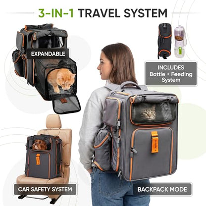 Premium Expandable Cat Carrier Backpack with Car Seat Belt Safety System – Rigid Frame Pet Carrier Backpack for Cats & Small Dogs up to 25 lbs – Breathable, Durable – Includes Bottle & Feeding Bowl - color: gray/orange