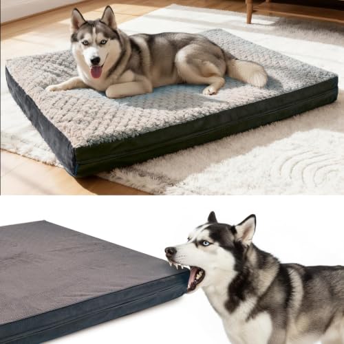 Sytopia 37" Indestructible Dog Bed for Large Dogs – Chew-Proof Pet Mat with Double-Sided Plush & Waterproof Liner, Tough Crate Mat with Egg-Crate Foam Support, Indoor & Outdoor Use,Grey - color: Grey, size: Large