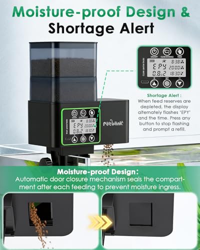 Automatic Fish Feeder for Aquarium - 230/510ml Timer Fish Feeder Dispenser with 0.1-2g Precision Feeding, Moisture-Proof Auto Fish Feeder with Feed Cleaning & Shortage Alert, USB Rechargeable