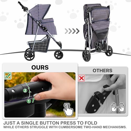 MoNiBloom 3 Wheels Pet Dog Cat Stroller for Small Medium Dogs Cats, Lightweight Foldable Jogger Stroller w/Storage Basket and Cup Holder, Plaid - color: Plaid