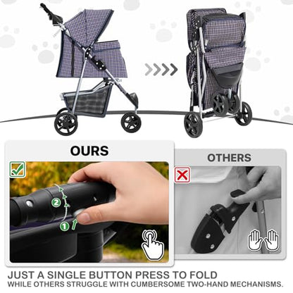 MoNiBloom 3 Wheels Pet Dog Cat Stroller for Small Medium Dogs Cats, Lightweight Foldable Jogger Stroller w/Storage Basket and Cup Holder, Plaid - color: Plaid