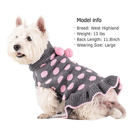 KYEESE Dog Sweaters with Leash Hole Small Turtleneck Dog Sweater Dress for Girl Polka Dot Knit Warm Pet Clothes with Pom Pom Ball - color: 02# Polkadot (Grey), size: X-Small (2-3lbs)