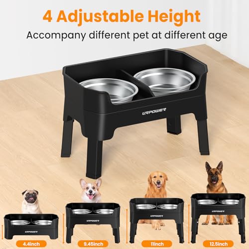URPOWER 3-in-1 Elevated Dog Bowls - Mess Proof Double Deck 4 Height Adjustable Raised Stand with 2 Stainless Steel Food Bowls & Licking Plate for Small, Medium & Large Dogs - color: Black, size: Large
