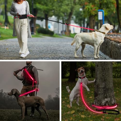 LED Hands Free Dog Leash, Waist Leash for Dog Walking, Retractable Bungee Light Up Dog Leash, LED Handless Dog Running Leash, Reflective Running Leash for Jogging Training Hiking (Pink) - color: Pink