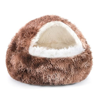 NOYAL Round Hooded Donut Dog Bed for Small & Medium Pets - Plush Fluffy Anti-Anxiety Cat Cave Bed with Cover - color: Bandhnu Coffee, size: Medium 23.6''
