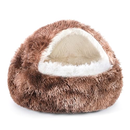 NOYAL Round Hooded Donut Dog Bed for Small & Medium Pets - Plush Fluffy Anti-Anxiety Cat Cave Bed with Cover - color: Bandhnu Coffee, size: Medium 23.6''