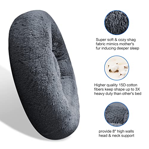 SAVFOX 23 inches Calming Donut Dog Bed - 3X Durable Plush Faux Fur, Machine Washable & Non-Slip, Fits up to 25 lbs, Dark Grey - color: Dark Grey, size: Small | 23"x23"