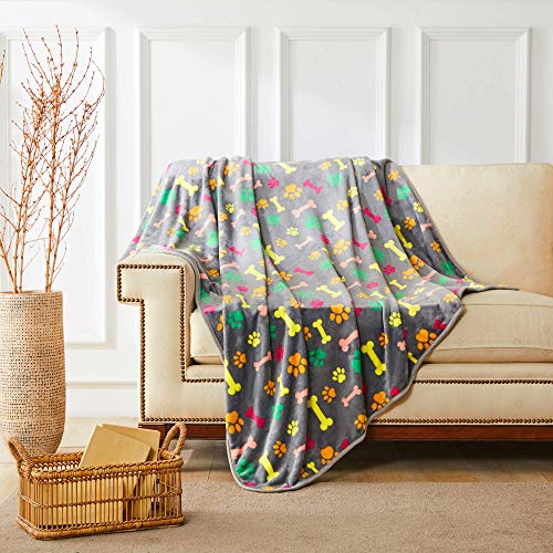 Allisandro Luxurious Dog Blanket, 350 GSM Super Fuzzy Microplush Fleece Pet Blankets for Small Medium Large Dogs and Cats, Vivid Paw and Bone, 64 x 40 Inches - color: Vivid Paw and Bone, size: 64" x 40"