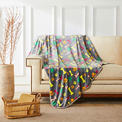 Allisandro Luxurious Dog Blanket, 350 GSM Super Fuzzy Microplush Fleece Pet Blankets for Small Medium Large Dogs and Cats, Vivid Paw and Bone, 64 x 40 Inches - color: Vivid Paw and Bone, size: 64" x 40"
