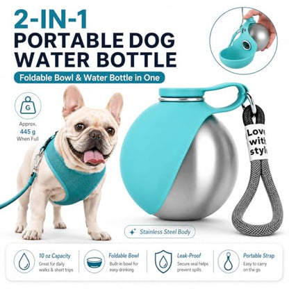 Portable Dog Water Bottle, 10 oz Stainless Steel Pet Travel Dispenser with Silicone Foldable Bowl, Leak Proof Tumbler, Dog Walking Accessories for Hiking and Small Pets (Blue) - color: Blue