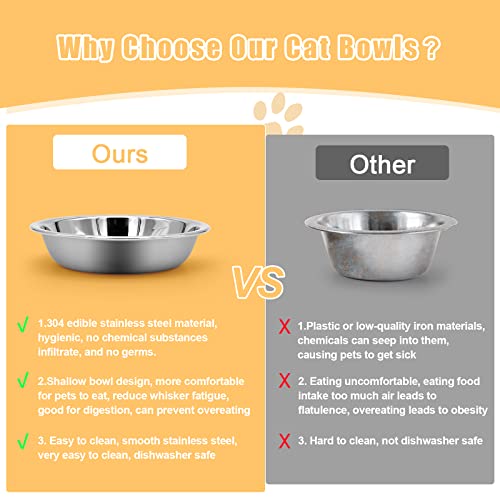 Stainless Steel Cat Bowl-Shallow Wide Flat Cats Food Bowls,Metal Kitten Dishes Whisker Friendly Fatigue Relief,Replacement Basic Kitty Plates for Elevated Stand,Dishwasher Safe（Set of 5）