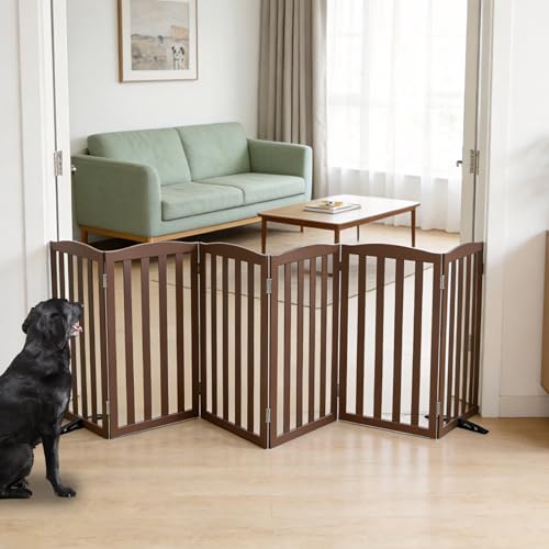 Freestanding Dog Gate Indoor,Doggie Gate Foldable Pet Gates for Doorways,Stairs or Hallways, Wooden Brown Pet Gate for the House, Pet Fence with Support Feet Included,32 "Height-6 Panels - color: Brown, size: 【6 Panels】120‘’w x 32''h