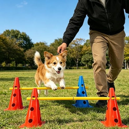 TNZMART Dog Agility Jumps Hurdles and Weave Poles Training Equipment Set Adjustable Dog Cones Obstacle Course for Backyard Portable Canine Exercise Kit with Carry Bag (Mix 4, 13 in) - size: 13 in