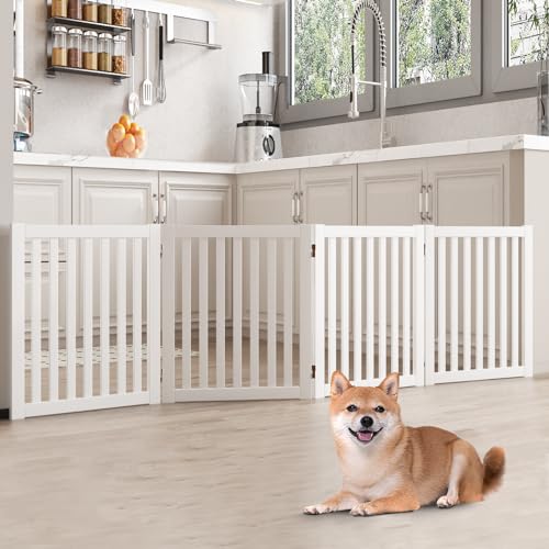 WELLAND Wooden Freestanding Pet Gate, 4 Panel 24 Inch Step Over Fence, Expands Up to 80" Wide, Foldable Indoor Dog Gate Puppy Safety Fence, White - color: White, size: 4 Panel 80" Wide