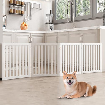 WELLAND Wooden Freestanding Pet Gate, 4 Panel 24 Inch Step Over Fence, Expands Up to 80" Wide, Foldable Indoor Dog Gate Puppy Safety Fence, White - color: White, size: 4 Panel 80" Wide