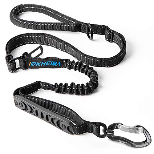 IOKHEIRA Multifunctional Tactical Dog Leash Heavy Duty,4-6 FT Strong Bungee Leash with Car Seatbelt, Shock Absorbing Dog Lead for Large, Medium Dogs - color: Black