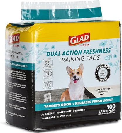 Glad for Pets Dual Action Freshness Activated Carbon Puppy Pads, Fragrance Release, Scented Odor Control, 6-Layer Leak-Proof, Pheromone Attractant, 23 x 23 Inch, 100 Count - 2 Pack - size: 100 Count (Pack of 2)