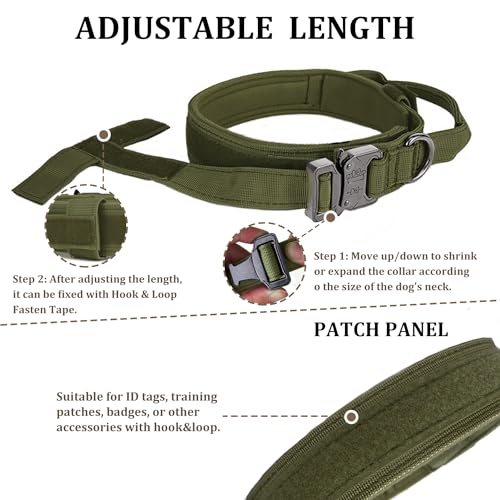 Tactical Dog Collar with Handle - Military Adjustable Dog Training Collar Soft Nylon and Heavy Duty Metal Buckle for Medium Large Dogs - with Patch (Green, Medium) - color: Green, size: Medium
